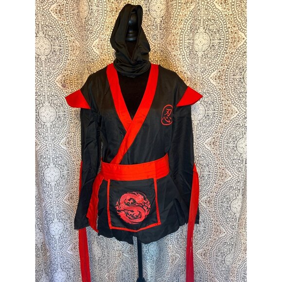 Adult Ninja Warrior Costume Red & Black Top Sash Pants & Mask - Missing Undershi - Picture 2 of 7